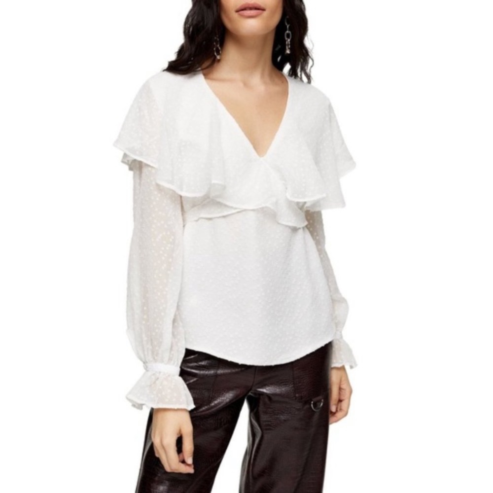 TopShop NWT white ruffle collar Dobby white blouse sheer sleeves size 10 medium